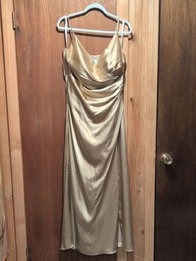 New! Galina Signature Gold Satin Midi Slip Dress with Draped Cowl